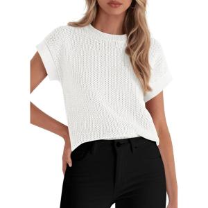 imagePRETTYGARDEN Womens 2026 Spring Fashion Sweater Vest Business Casual Crochet Tops Cap Sleeve Knit Shirt Beach Summer OutfitsWhite