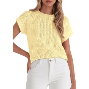 imagePRETTYGARDEN Womens 2026 Spring Fashion Sweater Vest Business Casual Crochet Tops Cap Sleeve Knit Shirt Beach Summer OutfitsYellow