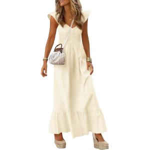 imagePRETTYGARDEN Womens 2026 Summer Casual Maxi Dresses Cap Sleeve V Neck Smocked Long Pockets Party Sundress Vacation OutfitsBeige