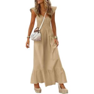 imagePRETTYGARDEN Womens 2026 Summer Casual Maxi Dresses Cap Sleeve V Neck Smocked Long Pockets Party Sundress Vacation OutfitsKhaki