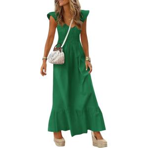 imagePRETTYGARDEN Womens 2026 Summer Casual Maxi Dresses Cap Sleeve V Neck Smocked Long Pockets Party Sundress Vacation OutfitsTeal