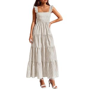 imagePRETTYGARDEN Womens 2026 Summer Casual Maxi Dresses Striped Square Neck Sleeveless Boho Flowy Sundress Beach Vacation ClothesBrown