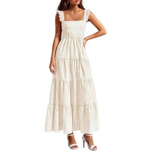 imagePRETTYGARDEN Womens 2026 Summer Casual Maxi Dresses Striped Square Neck Sleeveless Boho Flowy Sundress Beach Vacation ClothesKhaki