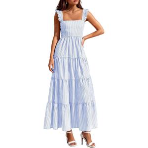 imagePRETTYGARDEN Womens 2026 Summer Casual Maxi Dresses Striped Square Neck Sleeveless Boho Flowy Sundress Beach Vacation ClothesLight Blue