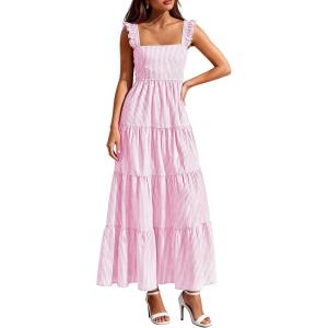 imagePRETTYGARDEN Womens 2026 Summer Casual Maxi Dresses Striped Square Neck Sleeveless Boho Flowy Sundress Beach Vacation ClothesPink