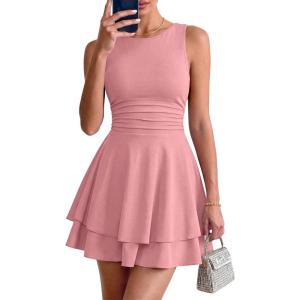 imagePRETTYGARDEN Womens 2026 Summer Mini Dress Sleeveless Ruched A Line Ruffle Flowy Short Cute Dresses Party Date Night OutfitsPink