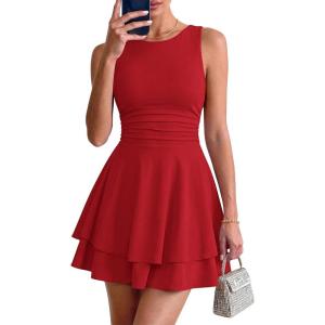 imagePRETTYGARDEN Womens 2026 Summer Mini Dress Sleeveless Ruched A Line Ruffle Flowy Short Cute Dresses Party Date Night OutfitsRed