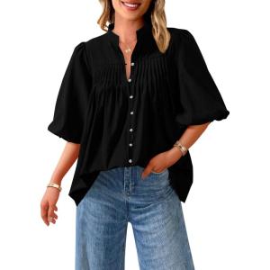 imagePRETTYGARDEN Womens 2026 Summer Short Lantern Sleeve Tops Loose Fit Button Down Shirt Pleated V Neck Blouses Trendy ClothesBlack