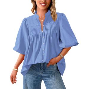 imagePRETTYGARDEN Womens 2026 Summer Short Lantern Sleeve Tops Loose Fit Button Down Shirt Pleated V Neck Blouses Trendy ClothesLight Blue