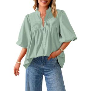 imagePRETTYGARDEN Womens 2026 Summer Short Lantern Sleeve Tops Loose Fit Button Down Shirt Pleated V Neck Blouses Trendy ClothesLight Green