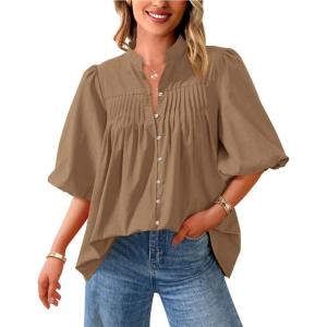 imagePRETTYGARDEN Womens 2026 Summer Short Lantern Sleeve Tops Loose Fit Button Down Shirt Pleated V Neck Blouses Trendy ClothesLight Khaki