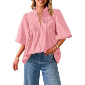 imagePRETTYGARDEN Womens 2026 Summer Short Lantern Sleeve Tops Loose Fit Button Down Shirt Pleated V Neck Blouses Trendy ClothesPink