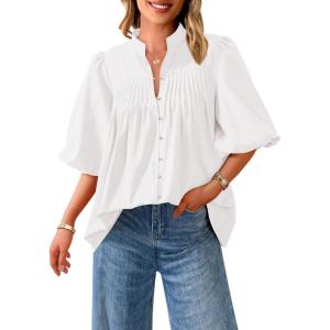 imagePRETTYGARDEN Womens 2026 Summer Short Lantern Sleeve Tops Loose Fit Button Down Shirt Pleated V Neck Blouses Trendy ClothesWhite