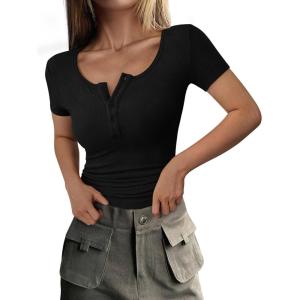 imagePRETTYGARDEN Womens 2026 Summer Short Sleeve Tops Ribbed Henley Button Slim Fit Basic Casual T Shirts Blouse Fashion ClothingBlack