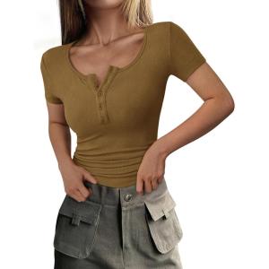 imagePRETTYGARDEN Womens 2026 Summer Short Sleeve Tops Ribbed Henley Button Slim Fit Basic Casual T Shirts Blouse Fashion ClothingBrown Camel