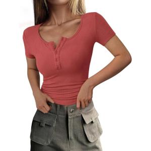 imagePRETTYGARDEN Womens 2026 Summer Short Sleeve Tops Ribbed Henley Button Slim Fit Basic Casual T Shirts Blouse Fashion ClothingCoral Red