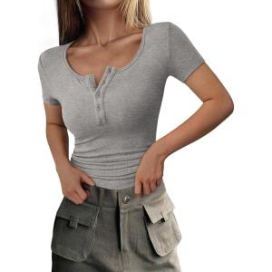 imagePRETTYGARDEN Womens 2026 Summer Short Sleeve Tops Ribbed Henley Button Slim Fit Basic Casual T Shirts Blouse Fashion ClothingGrey