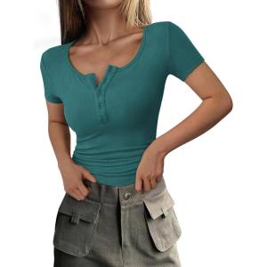 imagePRETTYGARDEN Womens 2026 Summer Short Sleeve Tops Ribbed Henley Button Slim Fit Basic Casual T Shirts Blouse Fashion ClothingLake Blue