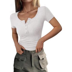 imagePRETTYGARDEN Womens 2026 Summer Short Sleeve Tops Ribbed Henley Button Slim Fit Basic Casual T Shirts Blouse Fashion ClothingLight Grey