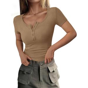 imagePRETTYGARDEN Womens 2026 Summer Short Sleeve Tops Ribbed Henley Button Slim Fit Basic Casual T Shirts Blouse Fashion ClothingLight Khaki