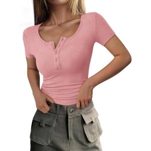 imagePRETTYGARDEN Womens 2026 Summer Short Sleeve Tops Ribbed Henley Button Slim Fit Basic Casual T Shirts Blouse Fashion ClothingPink