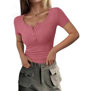 imagePRETTYGARDEN Womens 2026 Summer Short Sleeve Tops Ribbed Henley Button Slim Fit Basic Casual T Shirts Blouse Fashion ClothingRose Pink