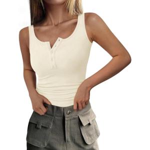 imagePRETTYGARDEN Womens 2026 Summer Tank Tops Ribbed Knit Slim Fit Sleeveless Henley Shirts Casual Basic Button Up BlouseBeige