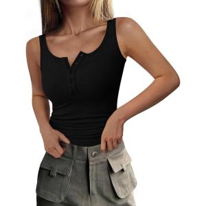imagePRETTYGARDEN Womens 2026 Summer Tank Tops Ribbed Knit Slim Fit Sleeveless Henley Shirts Casual Basic Button Up BlouseBlack