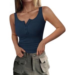 imagePRETTYGARDEN Womens 2026 Summer Tank Tops Ribbed Knit Slim Fit Sleeveless Henley Shirts Casual Basic Button Up BlouseDark Blue