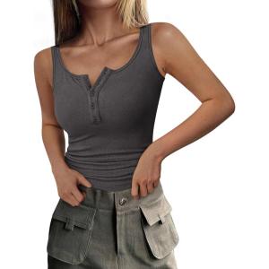 imagePRETTYGARDEN Womens 2026 Summer Tank Tops Ribbed Knit Slim Fit Sleeveless Henley Shirts Casual Basic Button Up BlouseDark Grey