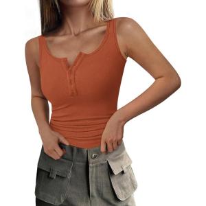 imagePRETTYGARDEN Womens 2026 Summer Tank Tops Ribbed Knit Slim Fit Sleeveless Henley Shirts Casual Basic Button Up BlouseOrange Red