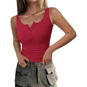 imagePRETTYGARDEN Womens 2026 Summer Tank Tops Ribbed Knit Slim Fit Sleeveless Henley Shirts Casual Basic Button Up BlouseRed