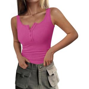 imagePRETTYGARDEN Womens 2026 Summer Tank Tops Ribbed Knit Slim Fit Sleeveless Henley Shirts Casual Basic Button Up BlouseRose Red