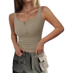 imagePRETTYGARDEN Womens 2026 Summer Tank Tops Ribbed Knit Slim Fit Sleeveless Henley Shirts Casual Basic Button Up BlouseSage Green