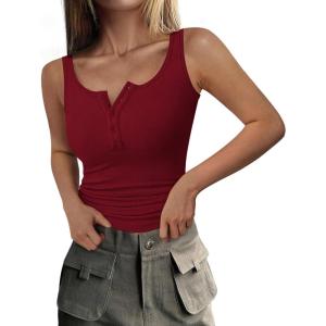 imagePRETTYGARDEN Womens 2026 Summer Tank Tops Ribbed Knit Slim Fit Sleeveless Henley Shirts Casual Basic Button Up BlouseWine Red