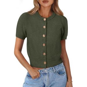 imagePRETTYGARDEN Womens Casual Summer Short Sleeve Cardigans 2026 Button Down Knitted Sweater Basic Crew Neck Crop TopsArmy Green
