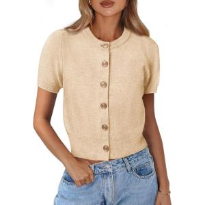 imagePRETTYGARDEN Womens Casual Summer Short Sleeve Cardigans 2026 Button Down Knitted Sweater Basic Crew Neck Crop TopsBeige