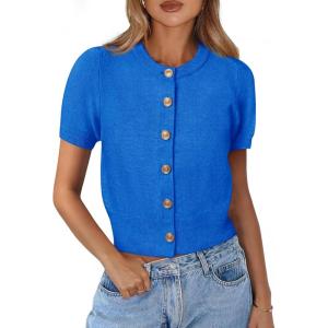 imagePRETTYGARDEN Womens Casual Summer Short Sleeve Cardigans 2026 Button Down Knitted Sweater Basic Crew Neck Crop TopsBlue