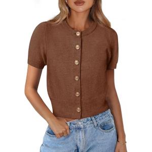 imagePRETTYGARDEN Womens Casual Summer Short Sleeve Cardigans 2026 Button Down Knitted Sweater Basic Crew Neck Crop TopsBrown