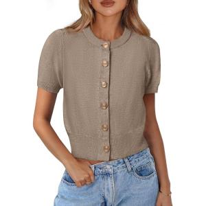 imagePRETTYGARDEN Womens Casual Summer Short Sleeve Cardigans 2026 Button Down Knitted Sweater Basic Crew Neck Crop TopsCamel