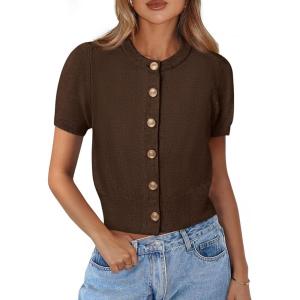 imagePRETTYGARDEN Womens Casual Summer Short Sleeve Cardigans 2026 Button Down Knitted Sweater Basic Crew Neck Crop TopsDark Brown