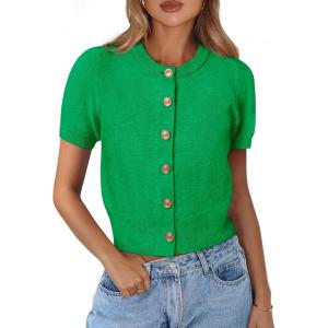 imagePRETTYGARDEN Womens Casual Summer Short Sleeve Cardigans 2026 Button Down Knitted Sweater Basic Crew Neck Crop TopsGreen