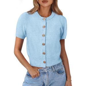 imagePRETTYGARDEN Womens Casual Summer Short Sleeve Cardigans 2026 Button Down Knitted Sweater Basic Crew Neck Crop TopsLight Blue