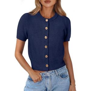imagePRETTYGARDEN Womens Casual Summer Short Sleeve Cardigans 2026 Button Down Knitted Sweater Basic Crew Neck Crop TopsNavy Blue
