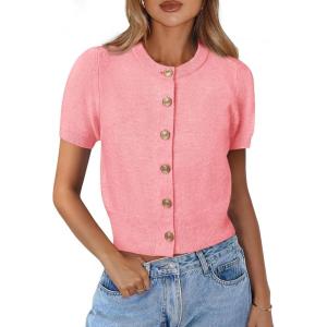 imagePRETTYGARDEN Womens Casual Summer Short Sleeve Cardigans 2026 Button Down Knitted Sweater Basic Crew Neck Crop TopsPink