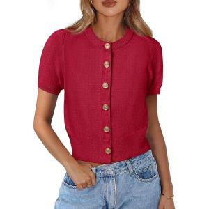 imagePRETTYGARDEN Womens Casual Summer Short Sleeve Cardigans 2026 Button Down Knitted Sweater Basic Crew Neck Crop TopsRed
