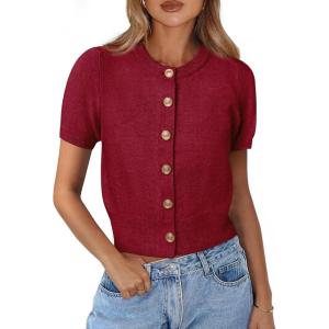 imagePRETTYGARDEN Womens Casual Summer Short Sleeve Cardigans 2026 Button Down Knitted Sweater Basic Crew Neck Crop TopsWine Red