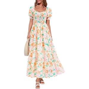 imagePRETTYGARDEN Womens Floral Boho Maxi Dresses Flowy Short Sleeve A Line Smocked Eyelet 2026 Summer Beach Vacation ClothesFloral Apricot Multicolored