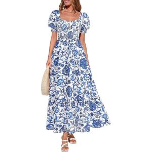 imagePRETTYGARDEN Womens Floral Boho Maxi Dresses Flowy Short Sleeve A Line Smocked Eyelet 2026 Summer Beach Vacation ClothesFloral Blue