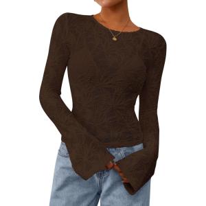 imagePRETTYGARDEN Womens Lace Long Bell Sleeve Tops 2026 Fall Sexy See Through Sheer Floral Blouse Shirt Spring Going Out OutfitsBrown